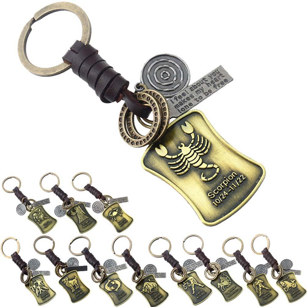 PRESTON Móc Khóa Dây Da Mặt Kính Cabochon Hình 12 Cung Hoàng Đạo