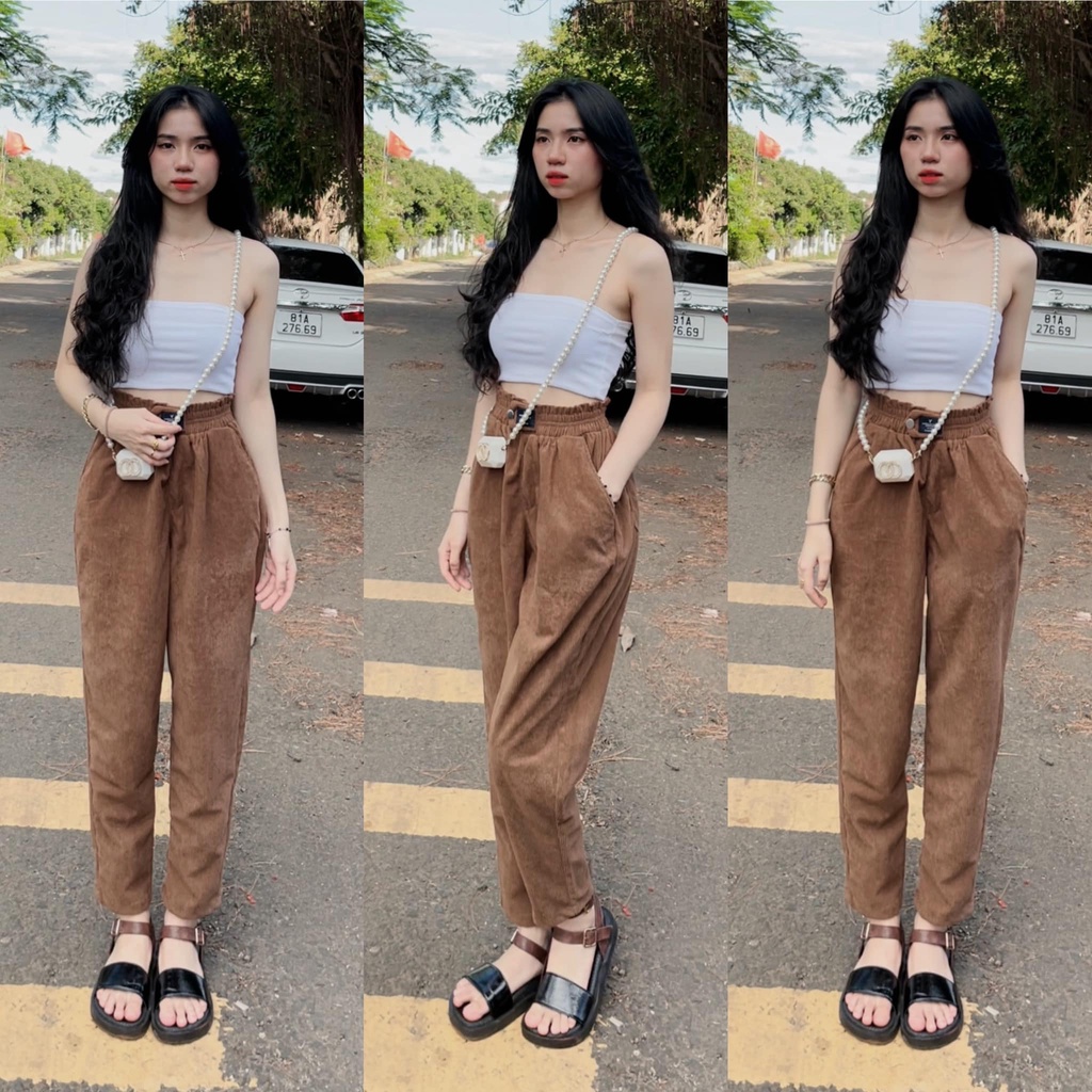 Quần Dài Nữ Baggy Vải Nhung Tăm Lưng Thun - BT Fashion  JE01