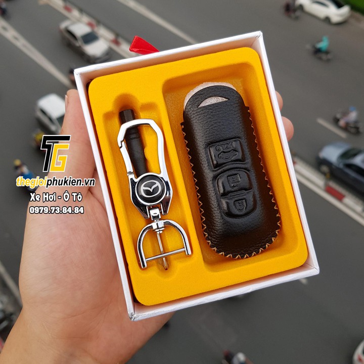 Bao da Handmade bảo vệ chìa khóa xe Mazda 2, Mazda 3, Mazda 6, Mazda CX-5, CX-8…kèm móc đeo Inox