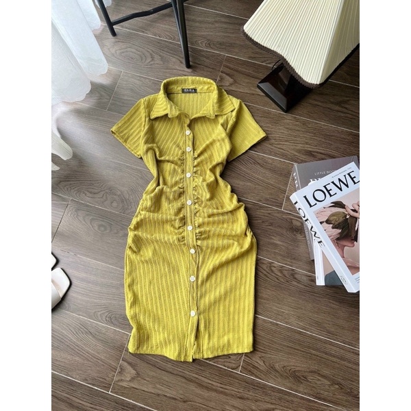 Đầm Nút Gài Tay Ngắn Nhún Gân Xương Cá Hình Thật