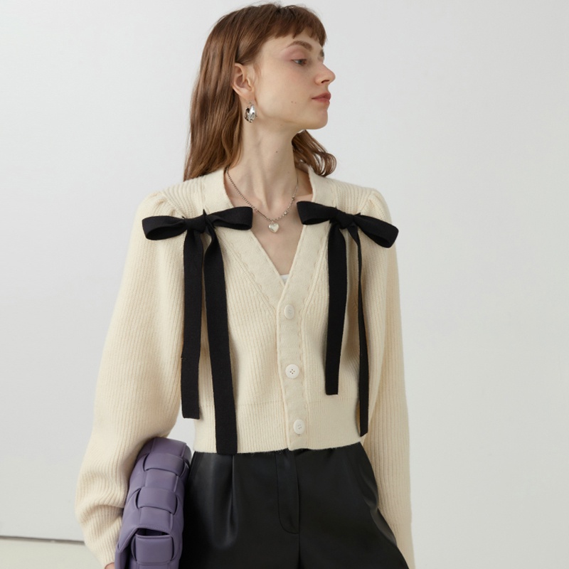 Áo khoác dệt kim Pure Cube phối nơ xinh xắn cho nữ