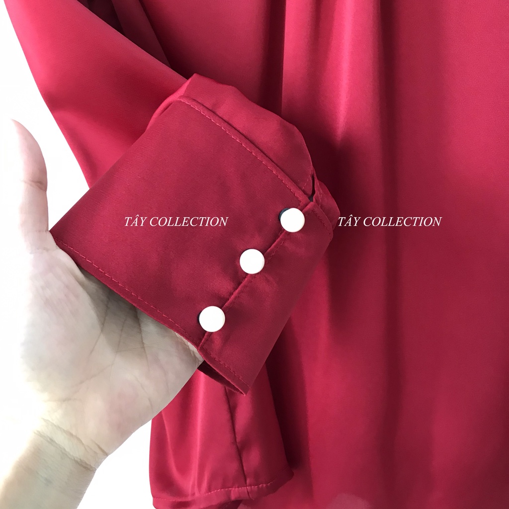 Áo sơ mi phối cổ nút ngọc chất liệu lụa satin thiết kế Tây Collection