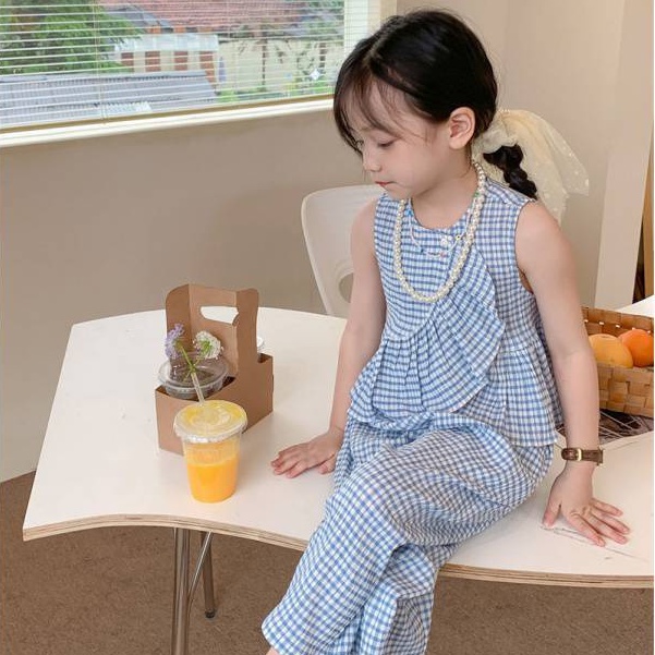 Set Áo Sát Nách Phối Bèo + Quần Dài Phong Cách Hàn Quốc Cho Bé Gái