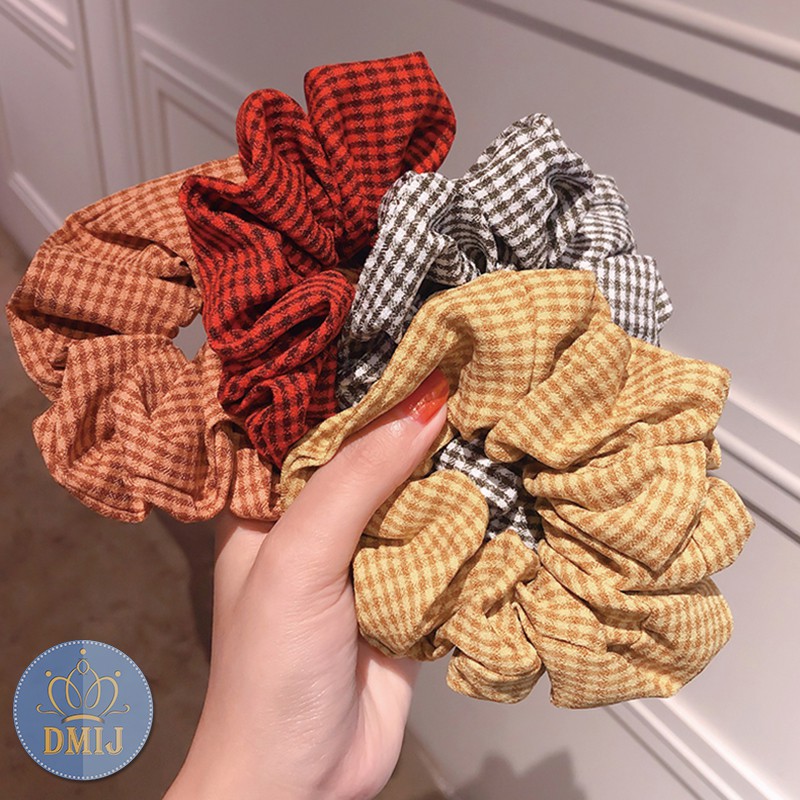 Cột Tóc Vải Scrunchies Hoạ Tiết Caro Nhỏ Phong Cách Vintage