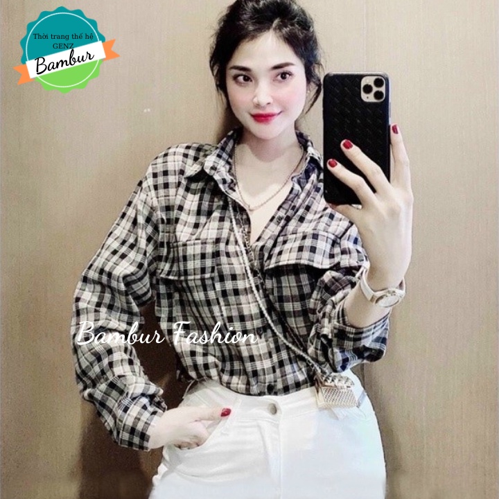 Áo sơ mi nữa Bambur form rộng dài tay sơmi kẻ sọc caro đen nâu đẹp thời trang công sở đi học đi làm