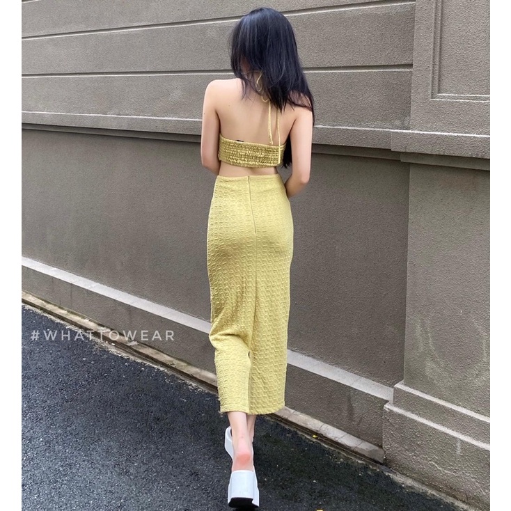 SALE Đầm body cổ yếm cột dây khoét eo thun nổi lưng smocking