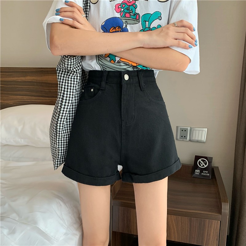  Xiaozhainv Quần Short Denim Nữ Lưng Cao Ống Rộng Phong Cách Hàn Quốc