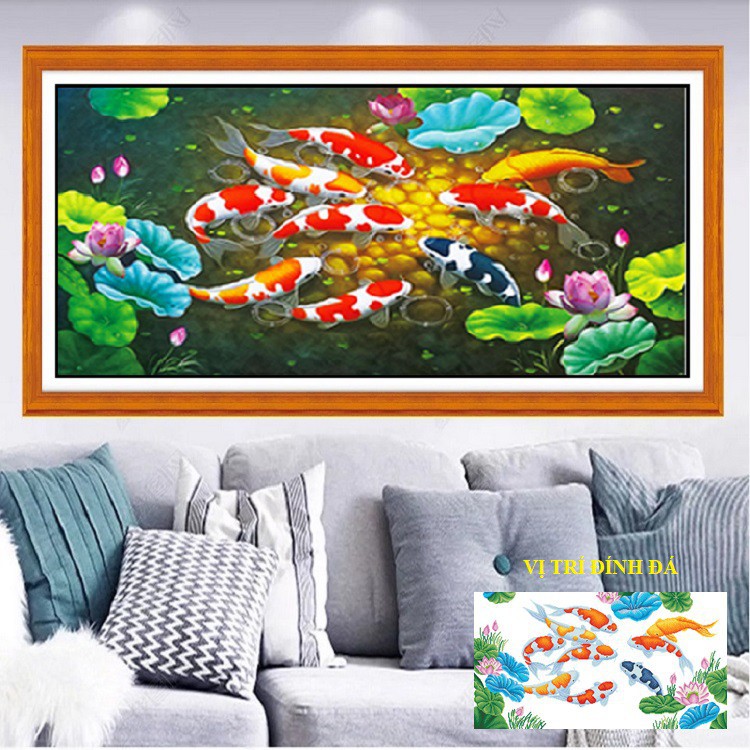 Tranh đính đá Cửu Ngư Quần Hội KT:120×65 cm