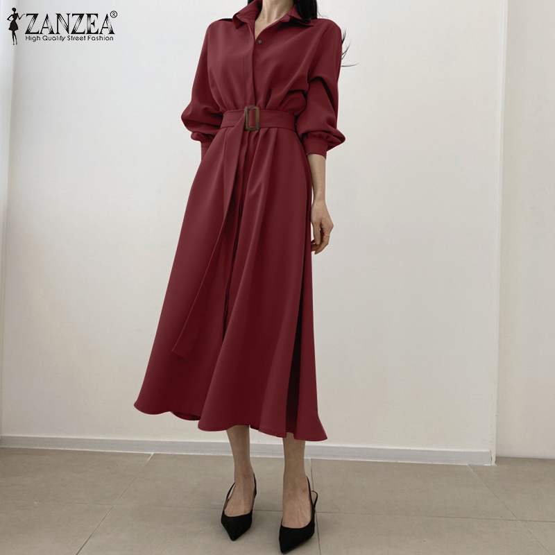 Đầm Zanzea tay dài cài nút có thắt lưng màu trơn phong cách cổ điển thanh lịch