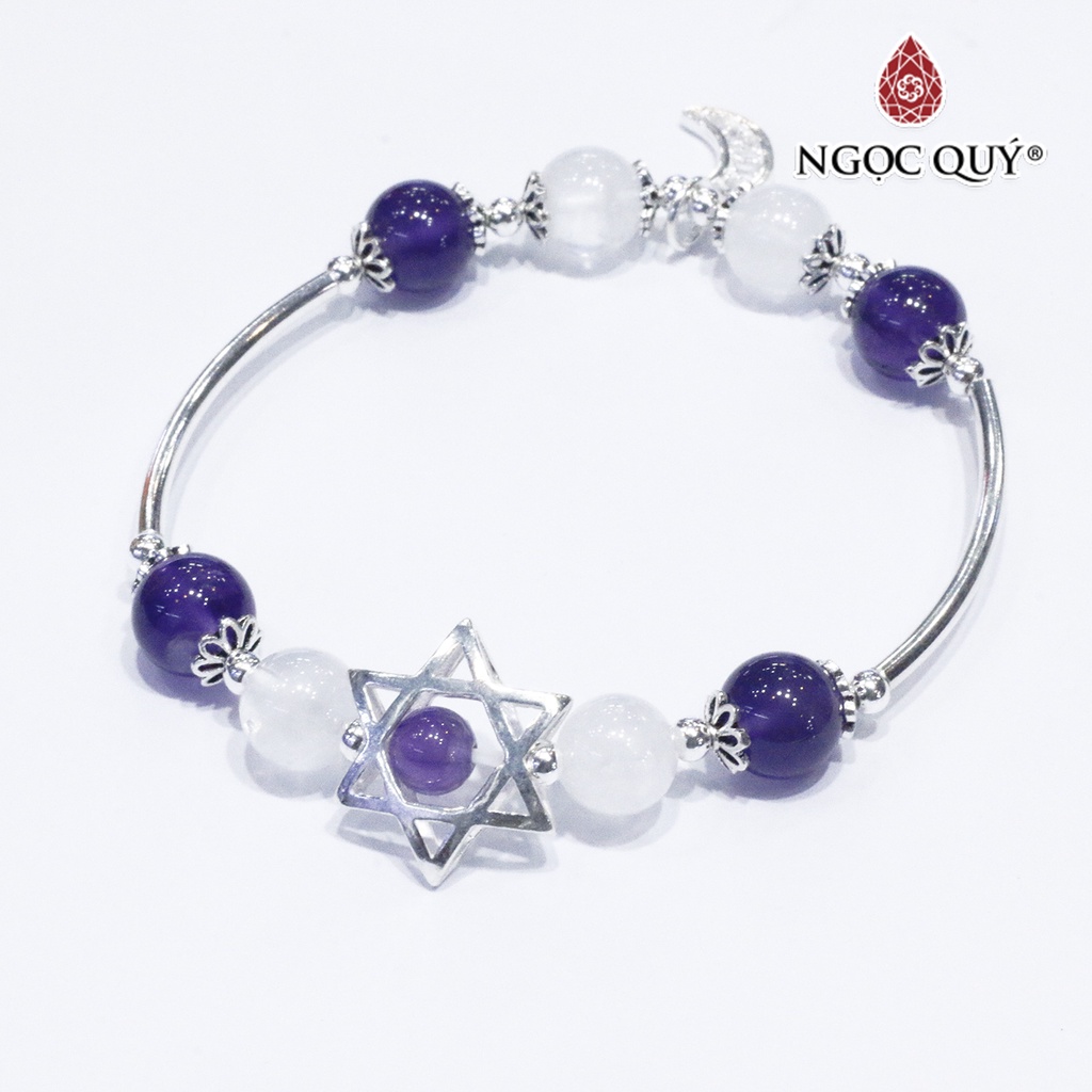 Vòng TA ưu linh trắng phối TA tím charm bạc - Ngọc Quý