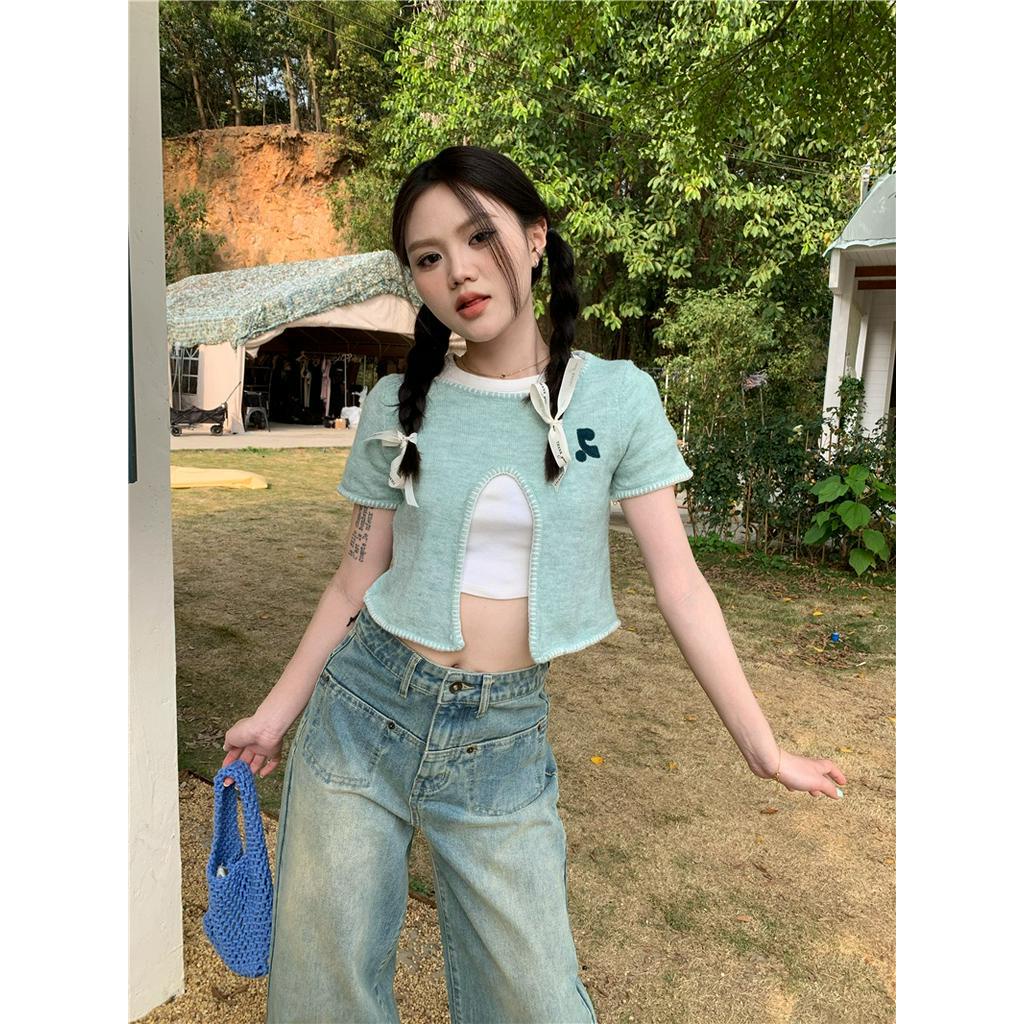 61595 Áo Dệt Kim Ngắn Tay Xẻ Tà Phía Trước