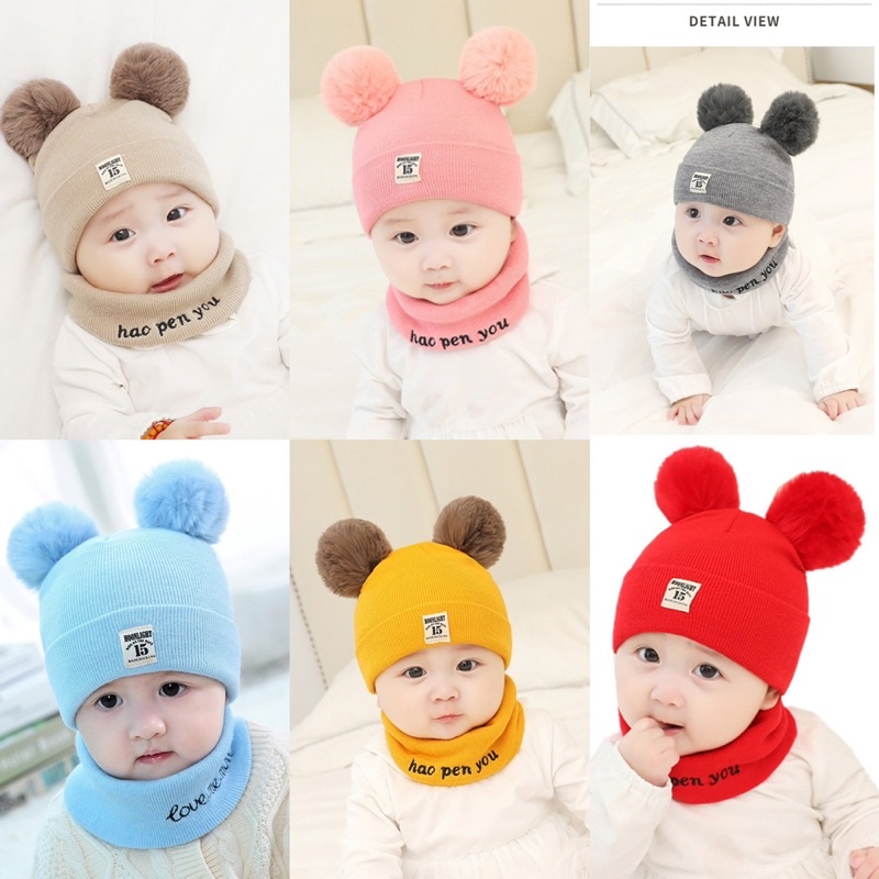 SET KHĂN MŨ QUẢ BÔNG SIÊU ĐÁNG YÊU CHO BÉ