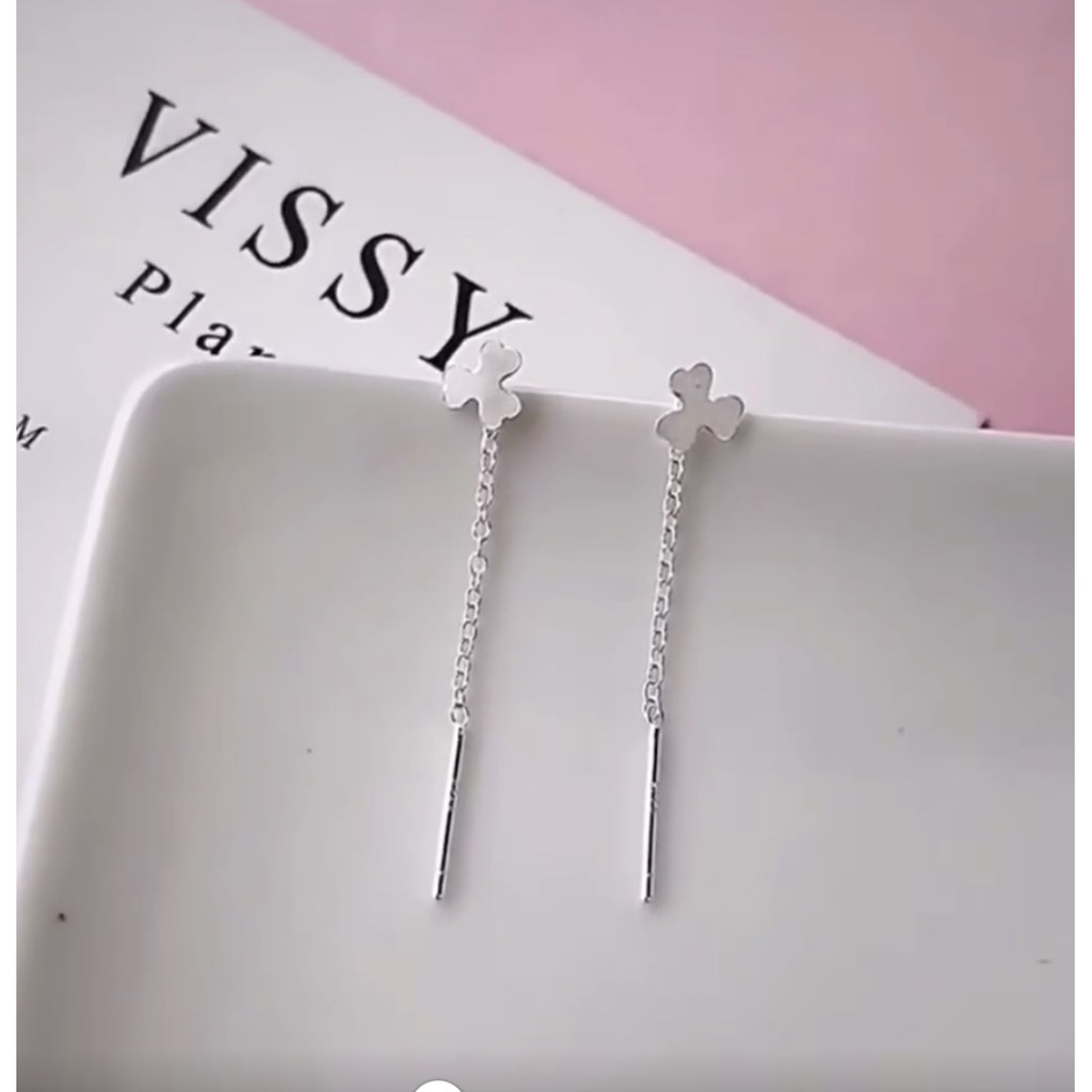 Bông tai cỏ 3 lá may mắn dáng dài bạc ta