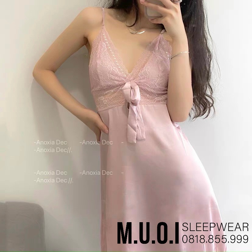 [FREESHIP] Váy ngủ sexy QCCC- Sx 117 Váy ngủ thắt nơ ngực lụa satin QCCC Muối Sleepwear