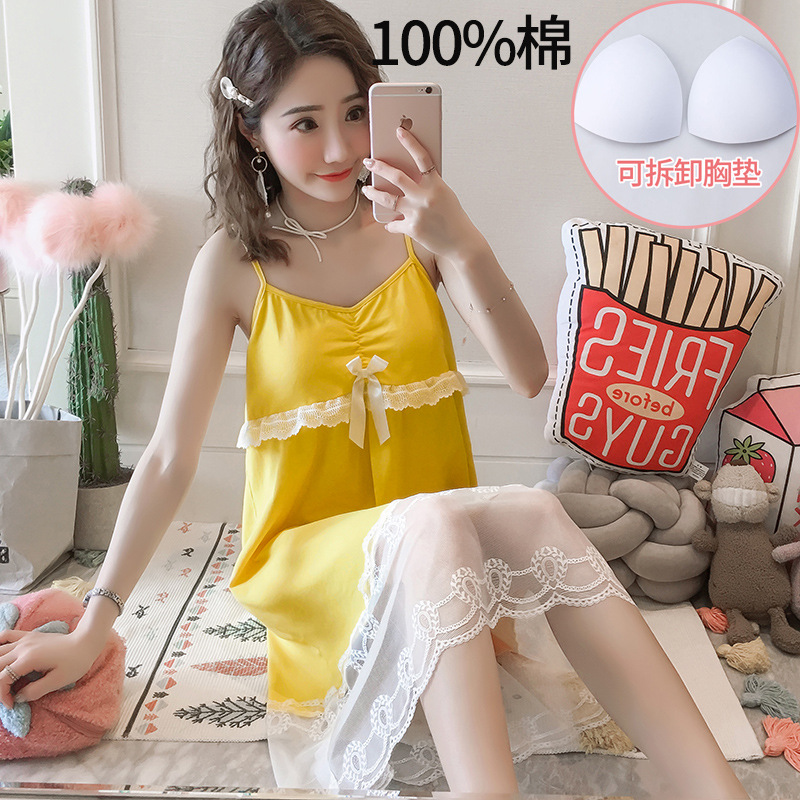 Dễ Thương Đầm Ngủ Hai Dây Vải Cotton Có Mút Đệm Ngực Thời Trang Mùa Hè Quyến Rũ Cho Nữ