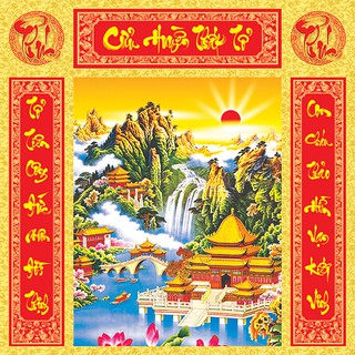 Tranh trang trí Bàn Thờ Cửu Huyền Thất Tổ in chất liệu PP phủ kim sa cao cấp
