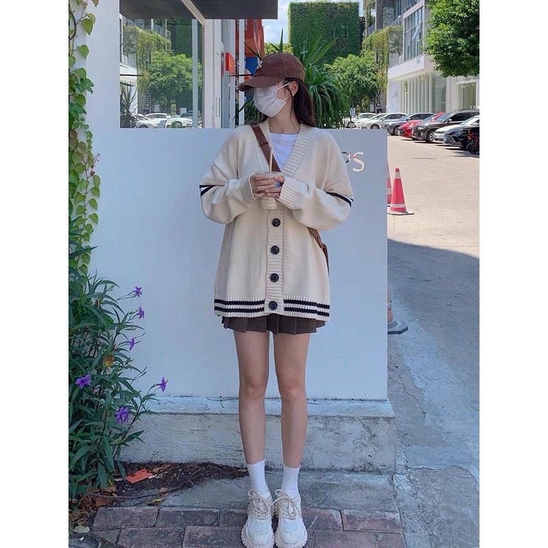 Áo khoác len học sinh nữ tay sọc ngang 2 bên len dày dặn