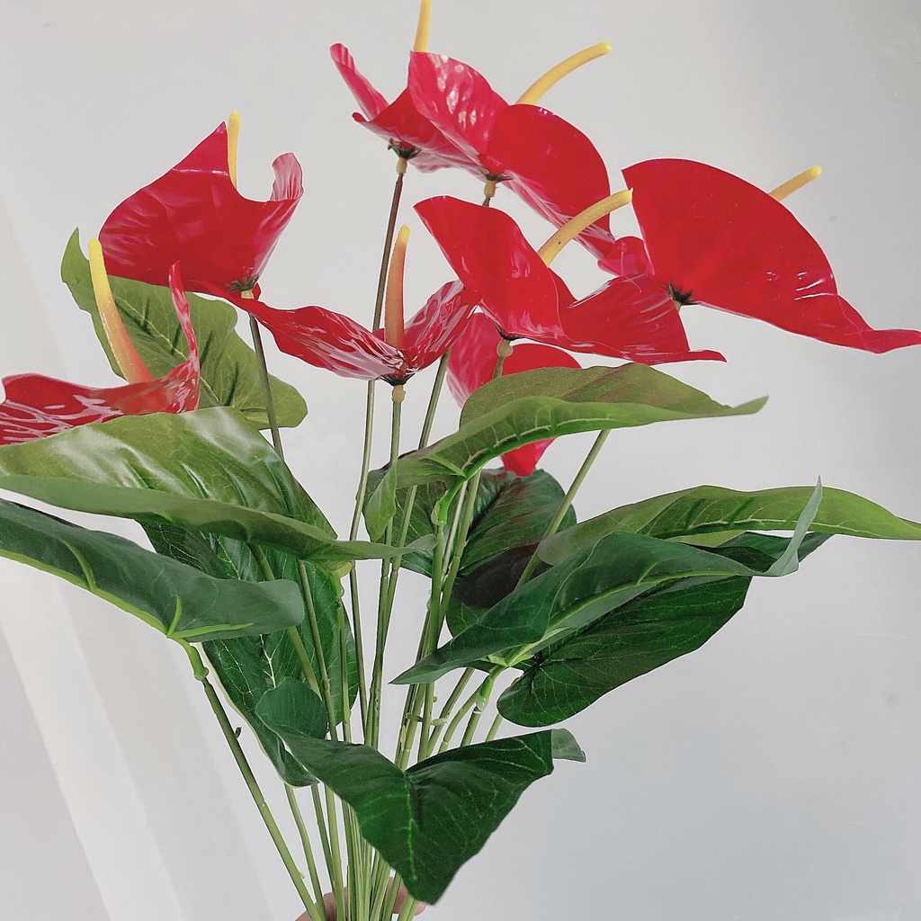 Cây Giả - Cây Hoa Hồng Môn Yến Lớn 8 Đầu Hoa Đỏ &amp; Lá - Cây Giả Trang Trí Nhà Cửa Lizflower