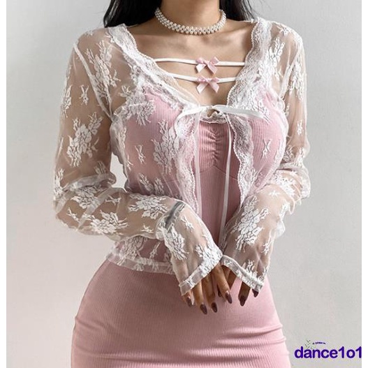 Áo croptop cardigan dài tay vải ren có hoa văn thắt nơ đơn giản xuyên thấu gợi cảm thời trang dành cho nữ