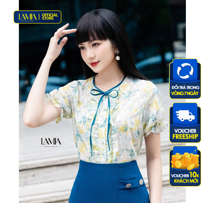 Áo sơ mi nữ hè Lamia Design SM359 màu trắng xanh họa tiết hoa vàng in 3D