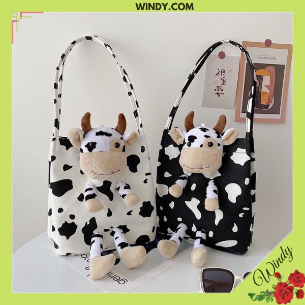 Túi bò sữa đeo vai đi học cực xinh tặng kèm gấu bông bò sữa