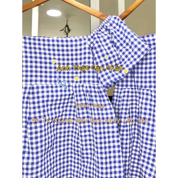 Đầm Babydoll, Váy Trễ Vai Mặc 2 Kiểu Kẻ Caro Xanh Tay Bồng Dáng Xoè