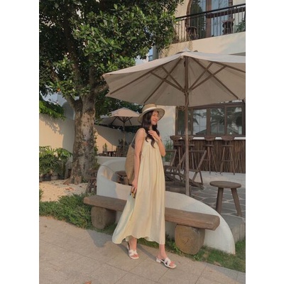 Váy maxi 2 dây chun lưng V-0014, đầm thiết kế 2s đũi siêu xinh