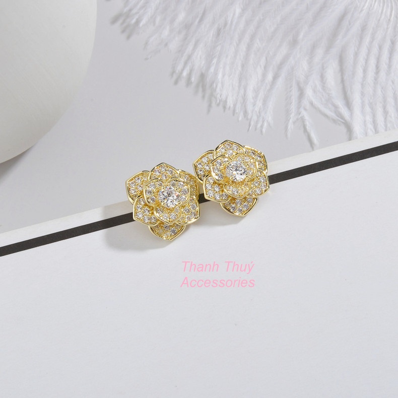 Bông tai nữ bông hoa hồng mạ vàng đính đá sang trọng quý phái phong cách Hàn Quốc