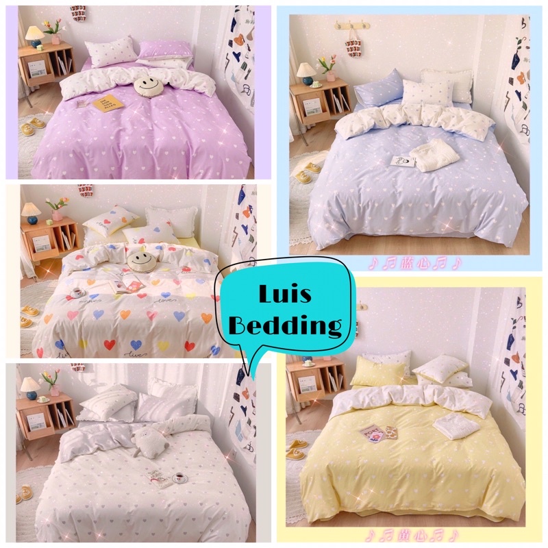 Bộ chăn ga gối cotton poly -mẫu trái tim hồng trắng-luis bedding miễn phí bo chun