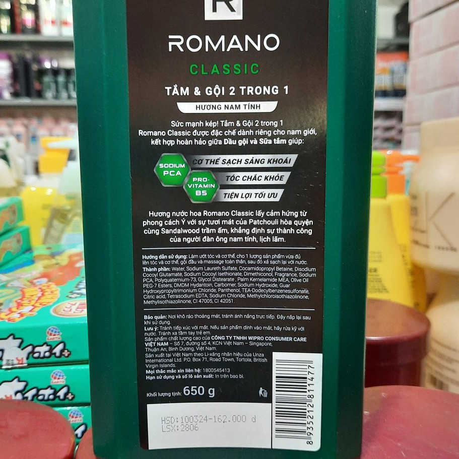 Dầu Tắm Gội 2 Trong 1 Dành Cho Nam Romano Classic 650g