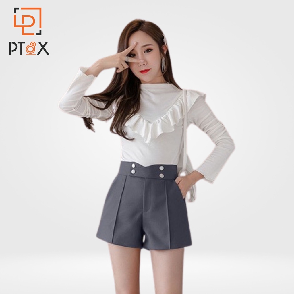 [Siêu Sale] Quần đùi nữ 4 khuy lệch chất tuyết mưa, quần short nữ cạp cao phối  khuy lệch