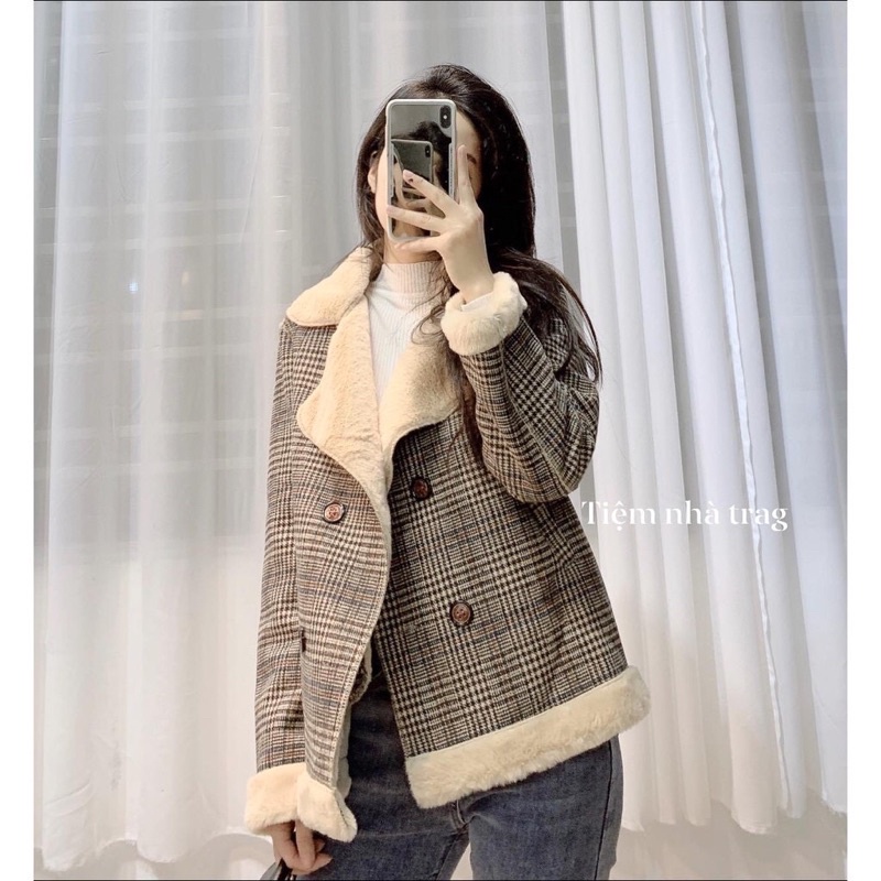 Áo khoác dạ kẻ caro lót lông ấm áp  cổ vest thu đông cao cấp phong cách hàn quốc | BigBuy360 - bigbuy360.vn