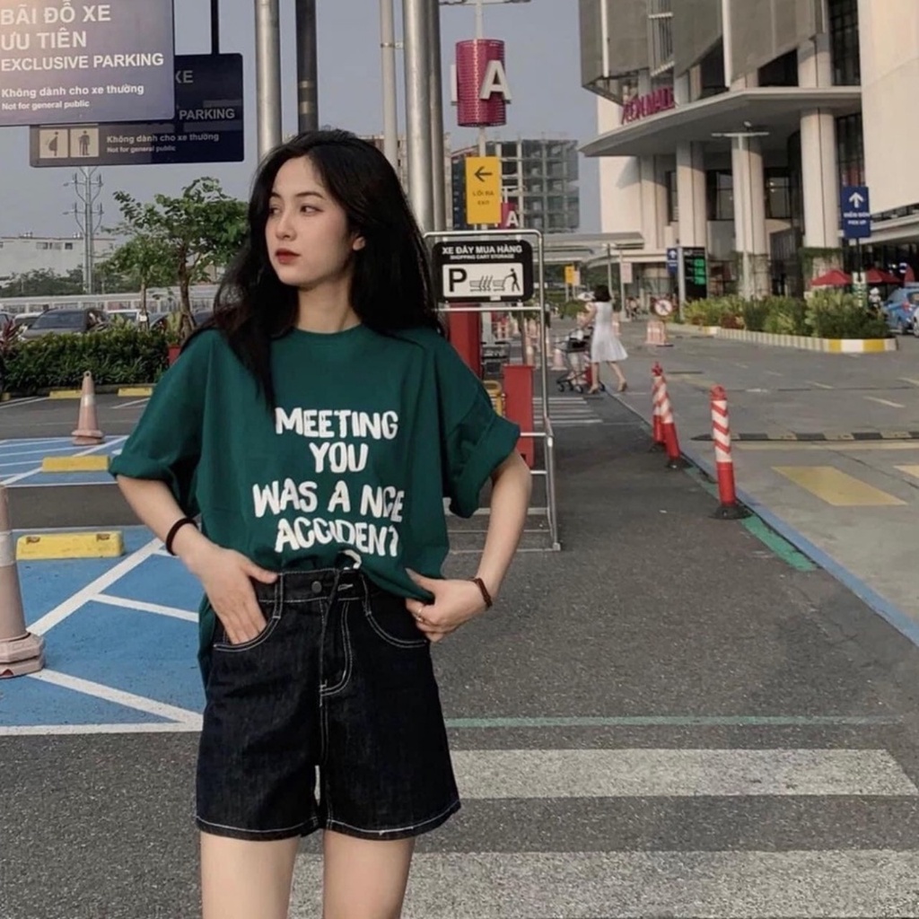 Áo thun tay lỡ xanh lá Meeting You. Áo phông form rộng cotton Ulzzang nam nữ Unisex