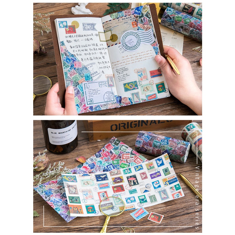 Cuộn Washi Tape Vintage Khổ Lớn Hình Tem Thư KT 10cm x 5 Mét Băng Dán Trang Trí Sổ Bullet Journal Retro