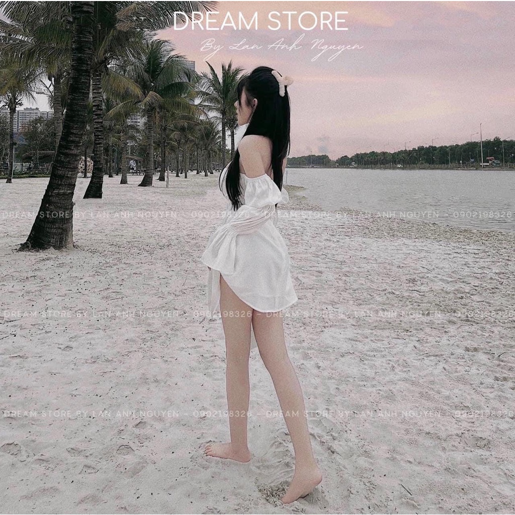 Váy đầm dáng xòe thiết kế trễ vai, tay dài bồng phối hở eo hững hờ, quyến rũ, chuẩn hàng MPB