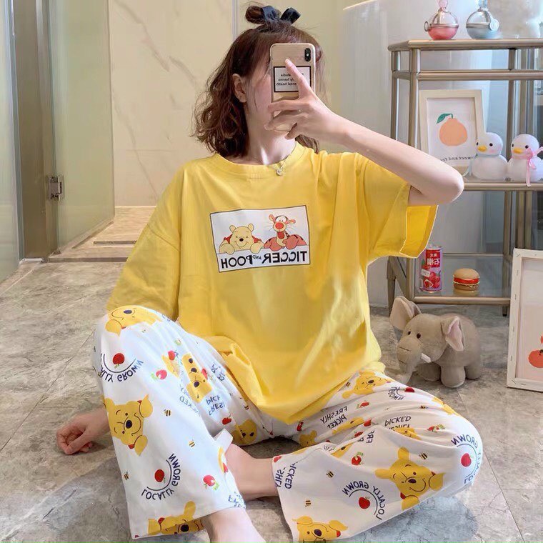 Set đồ bộ nữ thun lạnh cotton in hình 3D pooh cực dễ thương, chất thun cotton mềm mịn, thoải mái, form chuẩn