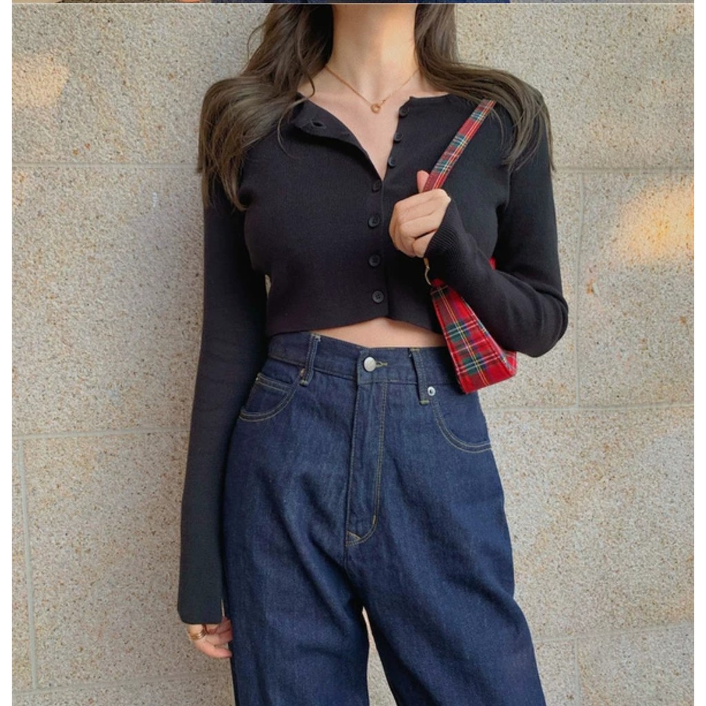 VẢI LEN DỆT KIM Áo khoác len cardigan / áo len tay dài cài nút croptop màu trơn