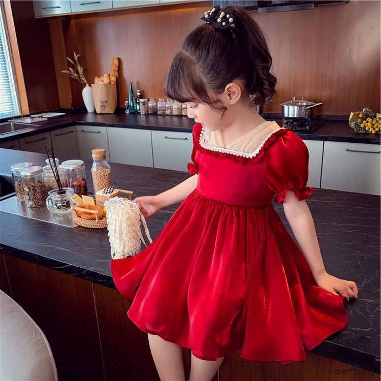 Đầm Công Chúa Vải Satin Tay Phồng Kiểu Hàn Quốc Xinh Xắn Cho Bé Gái