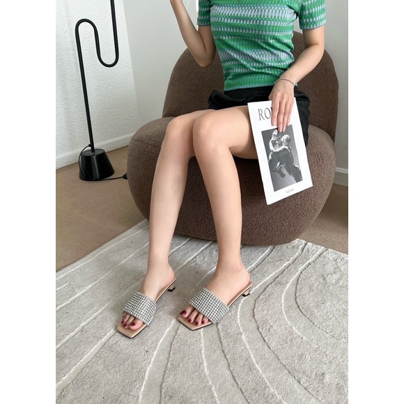 Sorami.Shoes | Guốc quai ngang đính đá gót nhú 3p, guốc nữ quai ngang kiểu dáng sang trọng