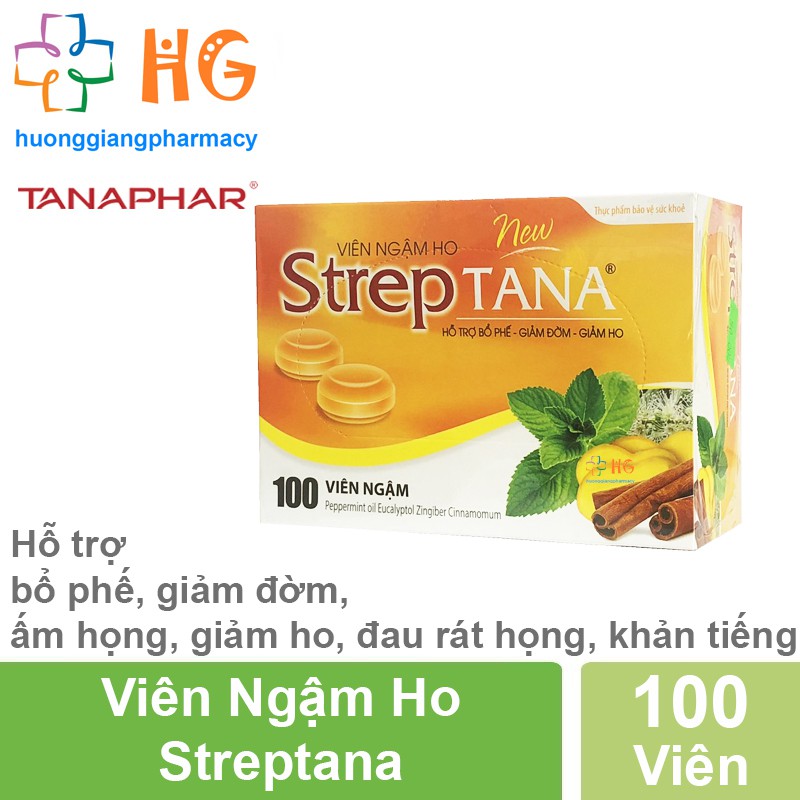 Viên Ngậm Ho Streptana New - Hỗ trợ bổ phế, giảm đờm, ấm họng, dịu ho, giảm đau rát họng khản tiếng (Hộp 100 Viên)