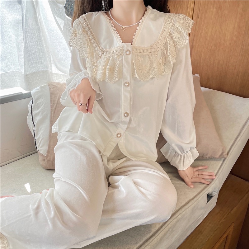 New BTS 2022 BỘ ĐỒ TIỂU THƯ ULZZANG NHUNG PHỐI REN DÀI TAY CAO CẤP rẻ nhất shopee
