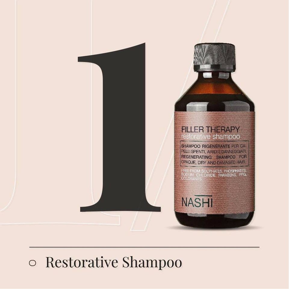 Dầu gội Nashi Filler Therapy Restorative Shampoo 250ml, 1000ml phục hồi tóc hư tổn nặng, khô xơ, chẻ ngọn