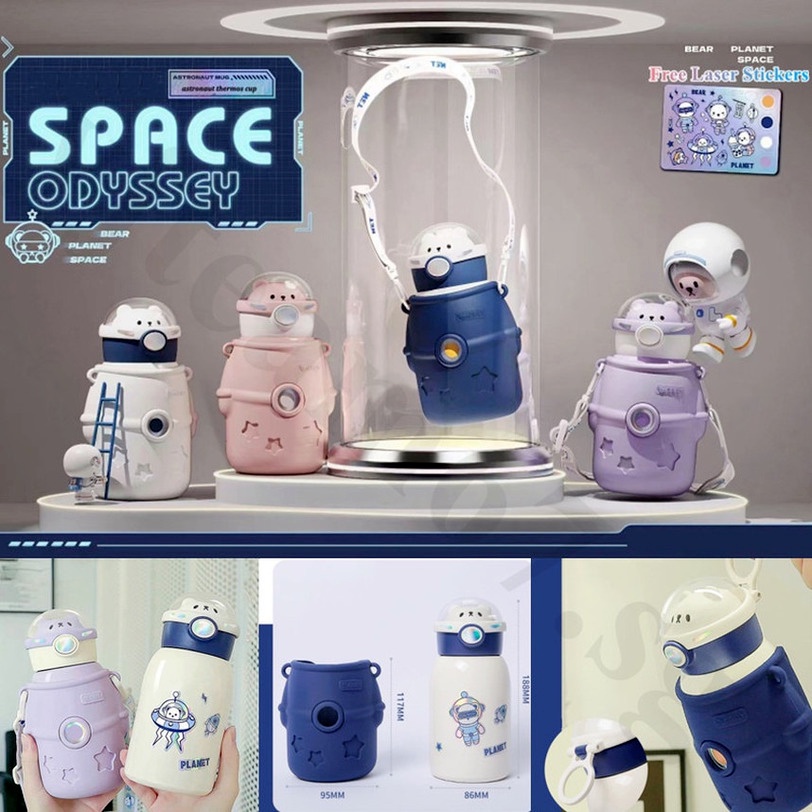 Bình Nước Giữ Nhiệt Bằng Thép Không Gỉ 316 500ML Hình Phi Hành Gia Dễ Thương Kèm Ống Hút Và Dây Đeo Cho Trẻ Em