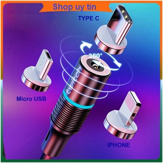 Cáp sạc IP/type C/Micro USB sạc nhanh Đầu hút nam châm xoay 360 độ dây dù,có LED cao cấp