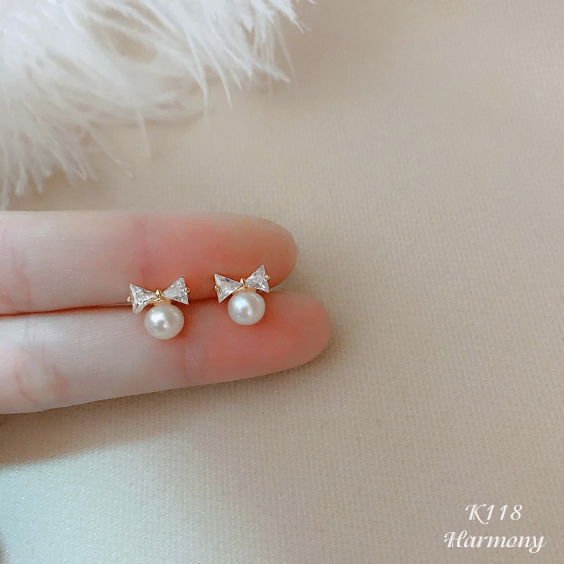 Bông tai, Khuyên tai nữ bạc 925 cao cấp nơ đá ngọc trai nhân tạo sang chảnh K118| TRANG SỨC BẠC HARMONY