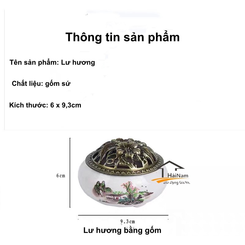 Lư Sứ Xông Trầm Hương - Thiên Mộc Hương - Nắp đồng hoa văn, sứ cao cấp
