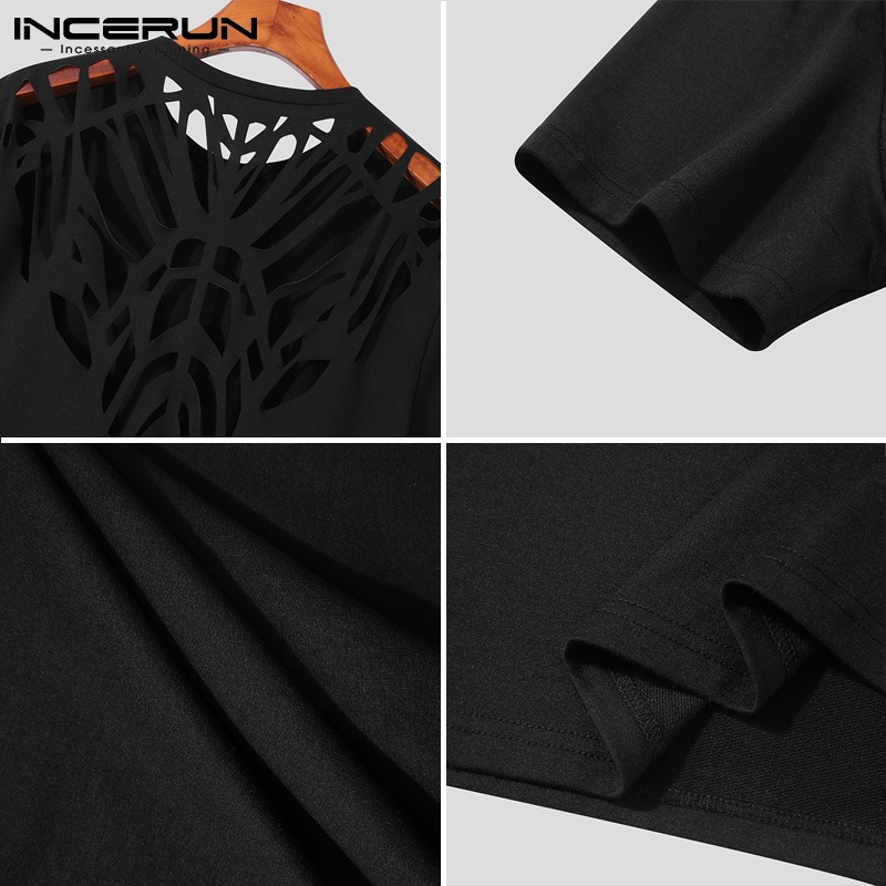 Áo thun nam INCERUN màu đen trơn tay ngắn lưng rỗng cá tính thời trang