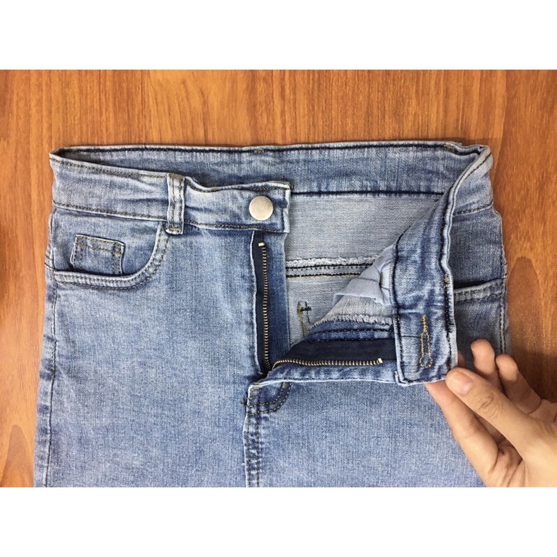 Chân váy jean chữ A dáng dài lưng thun co giãn