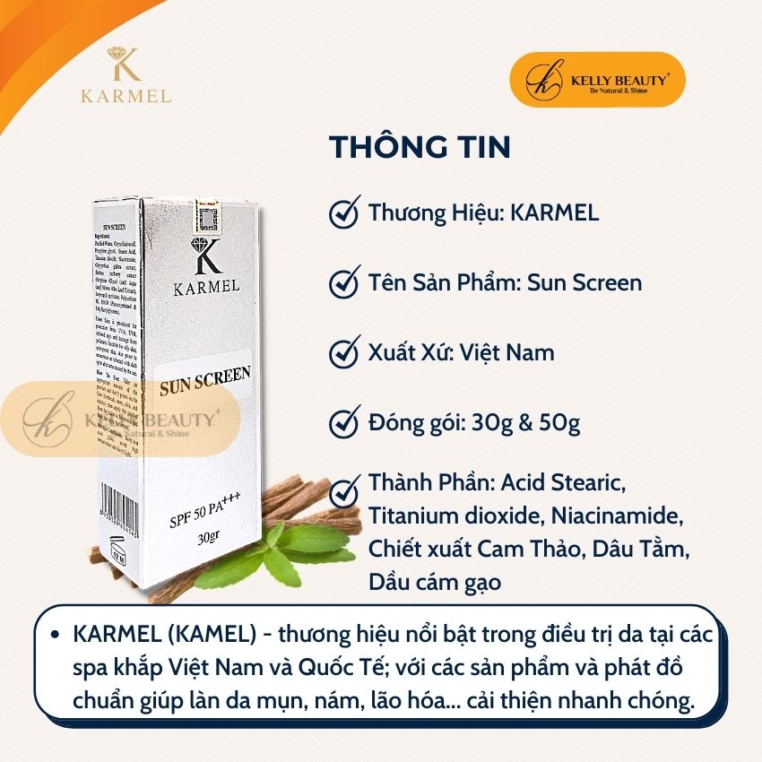 Kem Chống Nắng Vật Lý KARMEL 30 &amp; 50g – Chống Tác Hại Tia UV, Ánh Sáng Xanh; Nâng Tông, Không Bết Dính | Kelly Beauty