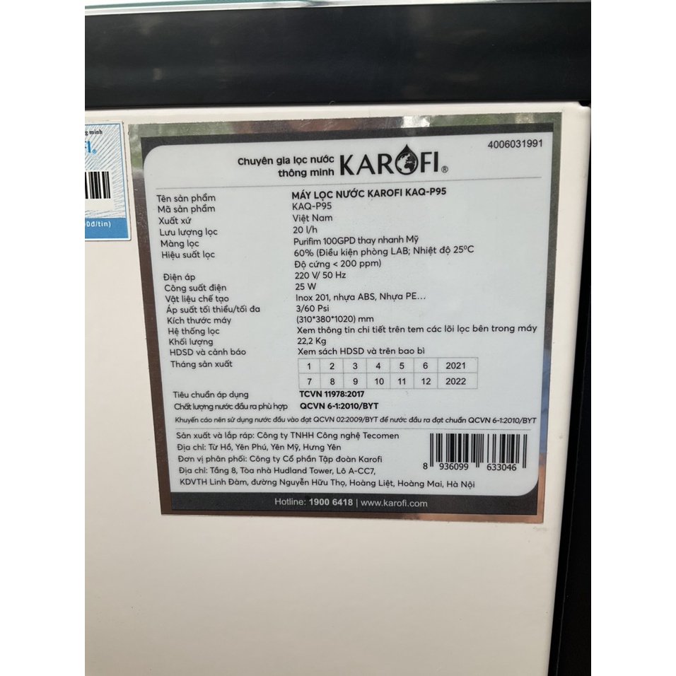 Máy lọc nước RO Karofi Hydrogen KAQ-P95 10 lõi - Hàng trưng bày
